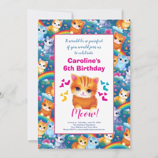 Faire-part Fête d'anniversaire de Girl Kittens sur Rainbows (Devant)