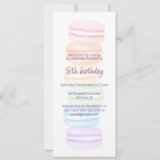 Faire-part Fête d'anniversaire des filles macarons arc-en-cie (Dos)