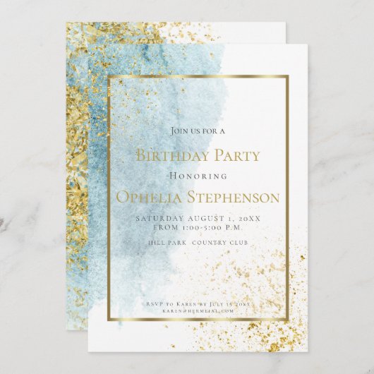 Faire-part Fête d'anniversaire | Lavage d'aquarelle bleu Deni (Devant / Derrière)