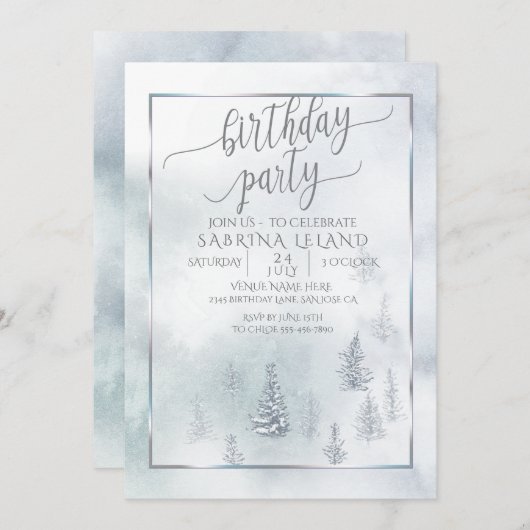Faire-part Fête d'anniversaire | Silver Blue Winter Wonderlan (Devant / Derrière)