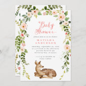 Faire-part Fête de bébé cerf à fleurs et feuillage aquarelle (Devant / Derrière)