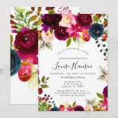 Faire-part Fête des mariées, Bourgogne, Aquarelle Blush+Navy (Devant / Derrière)