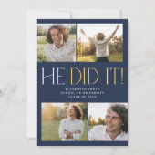Faire-part Fête Moderne Navy Or Il a Réussi Photo Remise des (Devant)