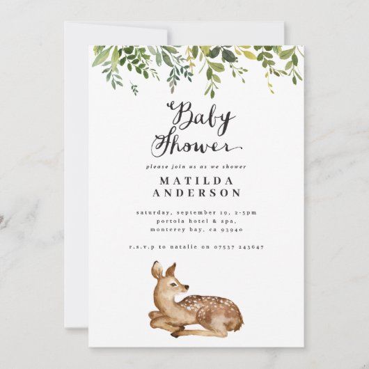 Faire-part Feuillage d'aquarelle et baby shower des bois de c (Devant)