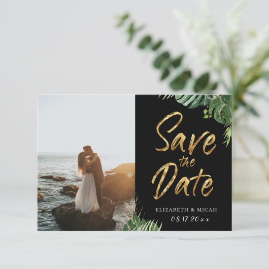 Faire-part Feuille Tropical Gold Script Enregistrer La Date P (Debout devant)