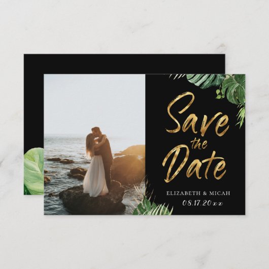 Faire-part Feuille Tropical Gold Script Enregistrer La Date P (Devant / Derrière)