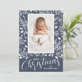 Faire-part Feuilles blancs Denim Photo Naissance de Noël (Debout devant)