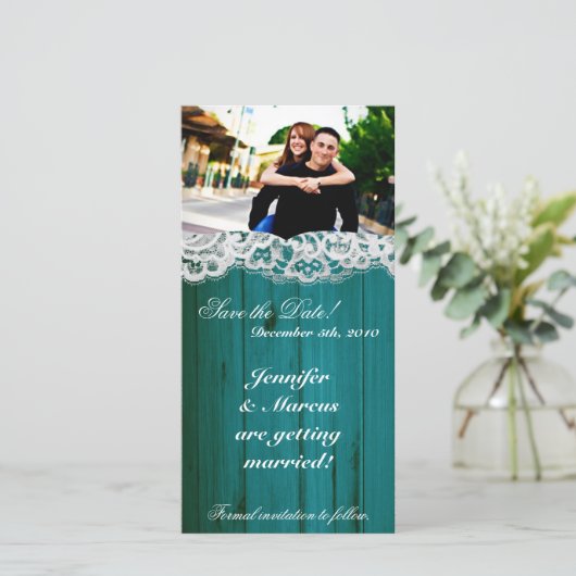 faire-part Fiançailles 4 x 8 en bois Turquoise (Debout devant)