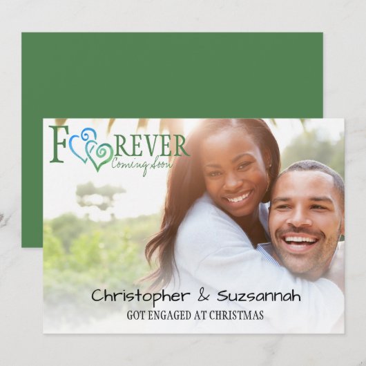 Faire-part Fiançailles de coeurs liés bleu vert pour toujours (Devant / Derrière)