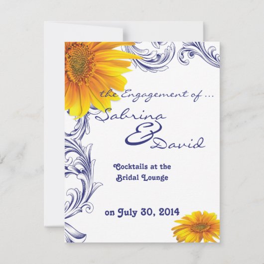 Faire-part Fiançailles de fleurs de soleil royal bleu et jaun (Dos)