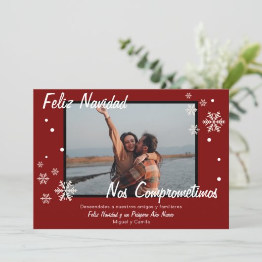 Faire-part Fiançailles d'hiver espagnol Red Snowflake Noël (Debout devant)