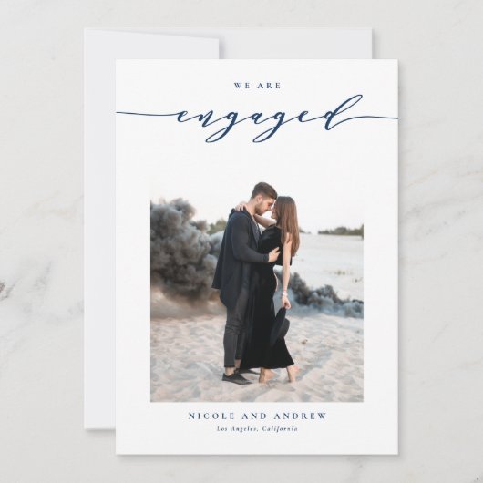 Faire-part Fiançailles photo de script bleu blanc de la marin (Devant)