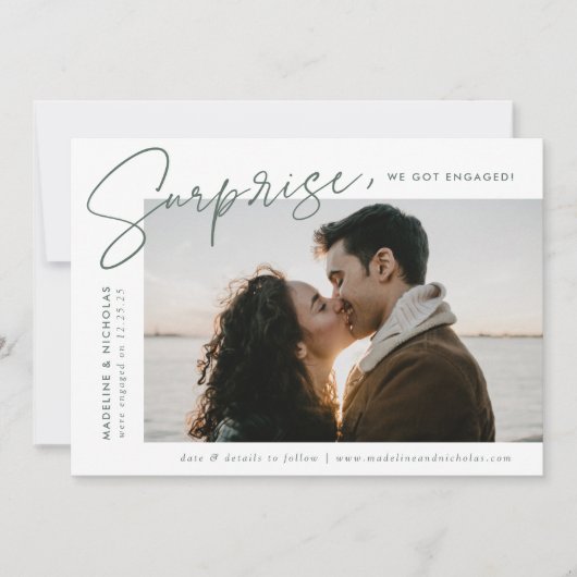 Faire-part Fiançailles photo moderne Surprise Dark Sage Scrip (Devant)