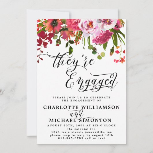 Faire-part Fiançailles rose et rouge (Devant)