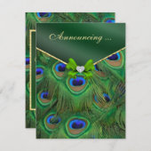 Faire-part Fiançailles sous le thème du paon vert émeraude (Devant / Derrière)