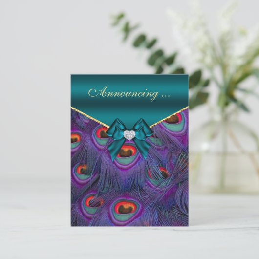 Faire-part Fiançailles turquoise Plum Peacock (Debout devant)