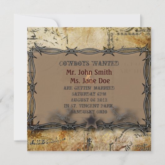 Faire-part fil barbelé mariage campagnard occidental (Dos)