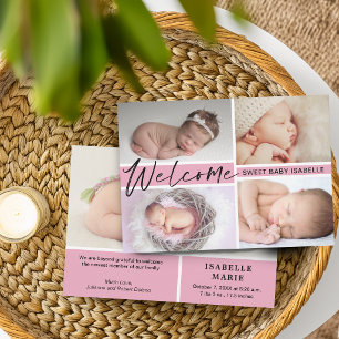 Faire-part Fille Bienvenue Douce Bébé Photo Collage Naissance