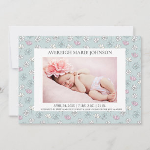 Faire-part Fille Florale Rose Bleu Blanc Photo Naissance