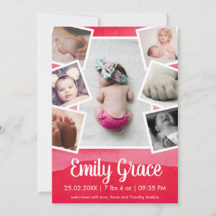 Faire-part Fille moderne en ombre rose aquarelle photo collag