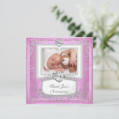 Faire-part Fille Rose Baptême Croix Blanche (Debout devant)