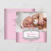 Faire-part Fille Rose Baptême Croix Blanche (Devant / Derrière)