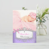 Faire-part Fille Rose Violet Baptême Croix (Debout devant)