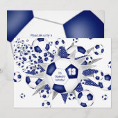 Faire-part Filles de soccer anniversaire bleu ballon de footb (Devant / Derrière)