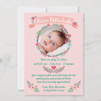 Faire-part Filles Photo Floral Wreath Baby Arrivée Merci
