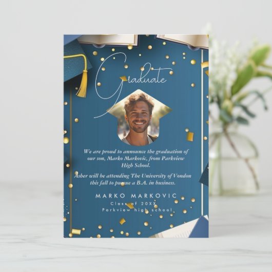 Faire-part Fils de diplôme I bleu (Debout devant)