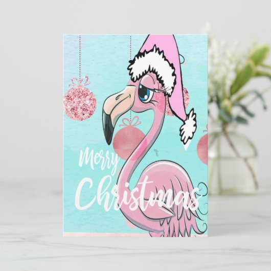 Faire-part Flamant rose de Noël Blue Rose Salutation (Debout devant)