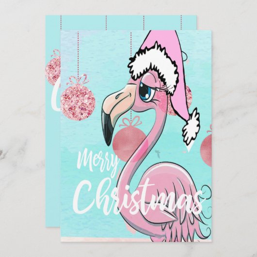 Faire-part Flamant rose de Noël Blue Rose Salutation (Devant / Derrière)