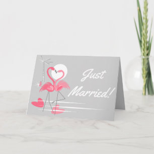 Faire-part Flamant rose Love Just Marié texte gris paysage