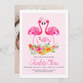Faire-part Flamant rose rose Fleurs tropicales Nouveau bébé (Devant / Derrière)