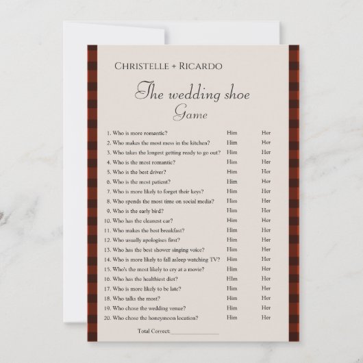 Faire-part Flannel & friz mariage jeu de chaussures jeu de ba (Devant)