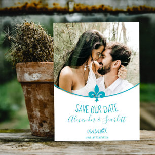 Faire-part Fleur de Lis Aquamarine Photo Enregistrer la Date