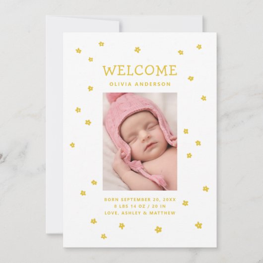 Faire-part Fleur jaune Nouveau bébé. Fleurs mignonnes nouveau (Devant)