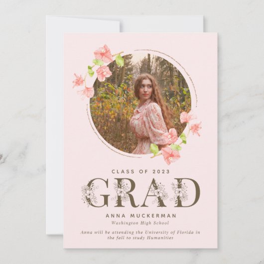 Faire-part Fleur sauvage rose Fille Lycée (Devant)