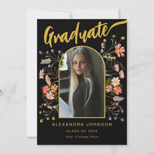 Faire-part Fleur sauvage Stylish Gold Script Graduate Photo (Devant)