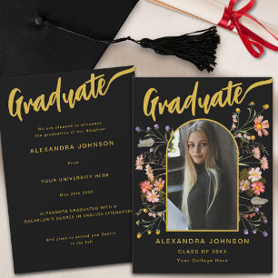 Faire-part Fleur sauvage Stylish Gold Script Graduate Photo
