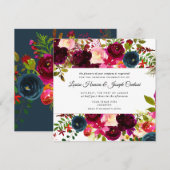 Faire-part Fleurs aquarelle rose, bordeaux + marine (Devant / Derrière)