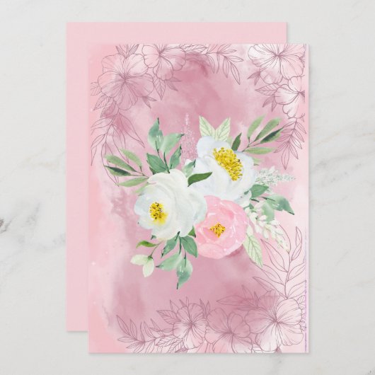 Faire-part Fleurs d'aquarelle blanche et rose pâle (Devant / Derrière)