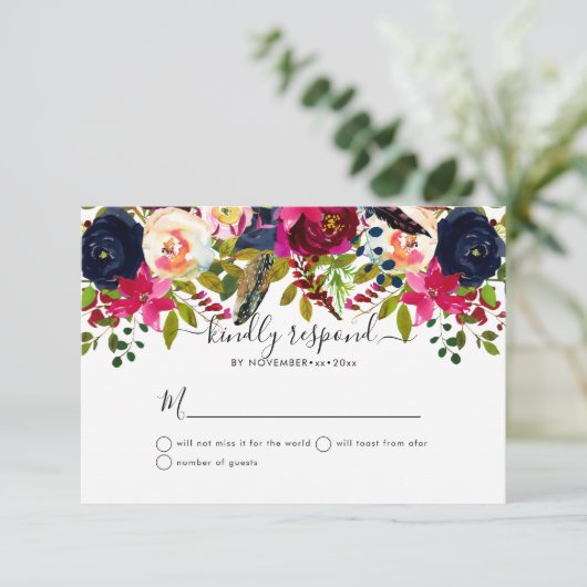 Faire-part Fleurs d'aquarelle Blush, Bourgogne+Marine (Debout devant)