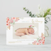 Faire-part Fleurs d'aquarelle rose bébé fille photo naissance (Debout devant)