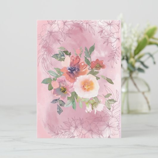 Faire-part Fleurs d'aquarelle rose pâle (Debout devant)