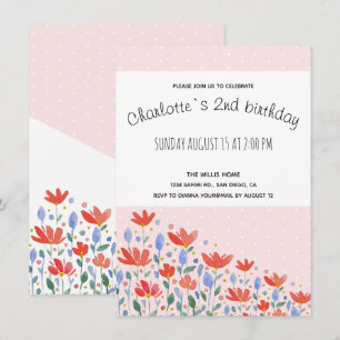 Faire-part Fleurs De Champ Aquarelle En Rouge Et Bleu Doux