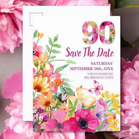 Faire-part fleurs de date d'économie de 90 ans carte postale 