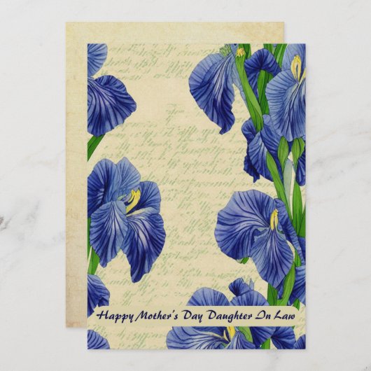 Faire-part Fleurs de Iris Bleu Joyeuse Fête des Mères (Devant / Derrière)