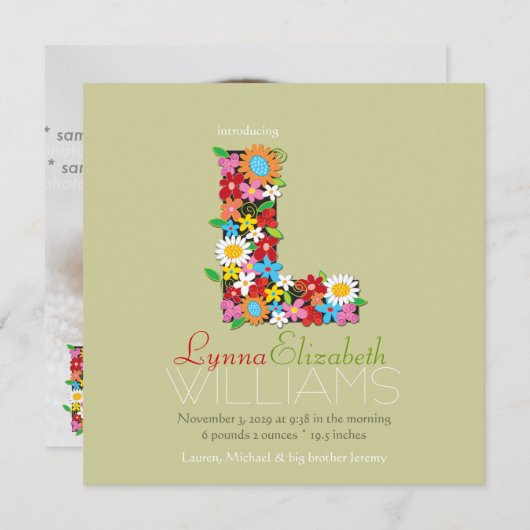 Faire-part Fleurs de printemps Monogramme Bébé Fille Photo Na (Devant / Derrière)