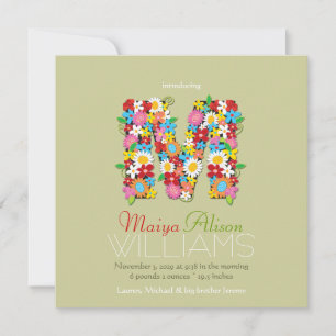 Faire-part Fleurs de printemps Monogramme Bébé Fille Photo Na